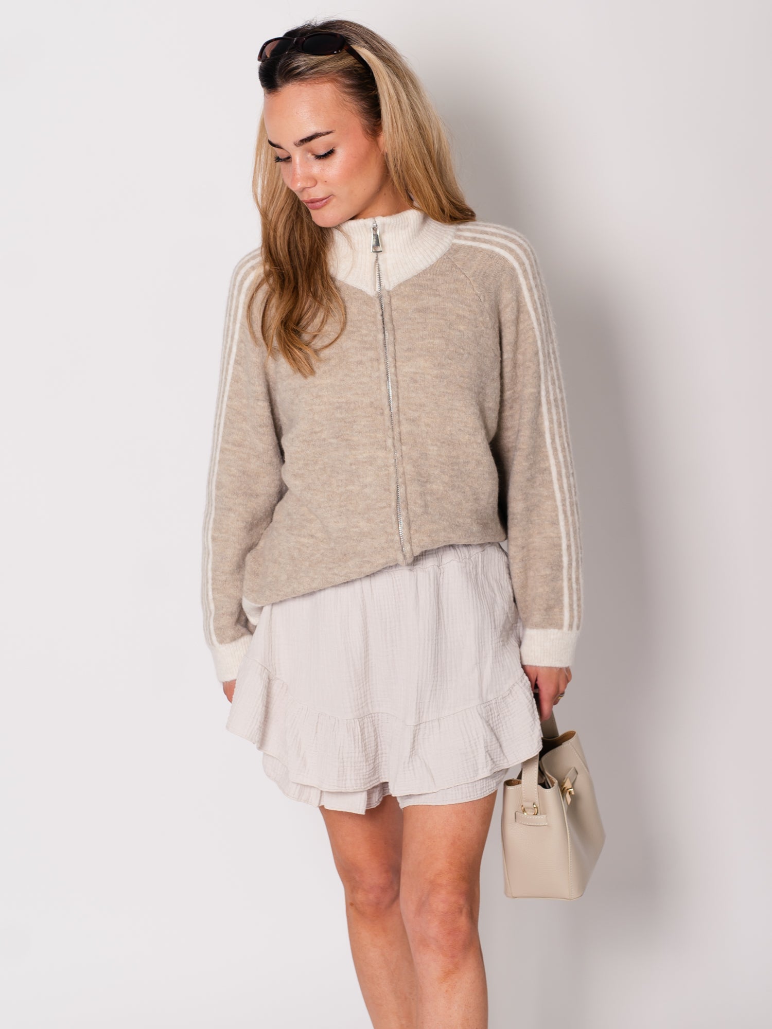 Fio Zip Up Streifen  Cardigan - Taupe/Creme