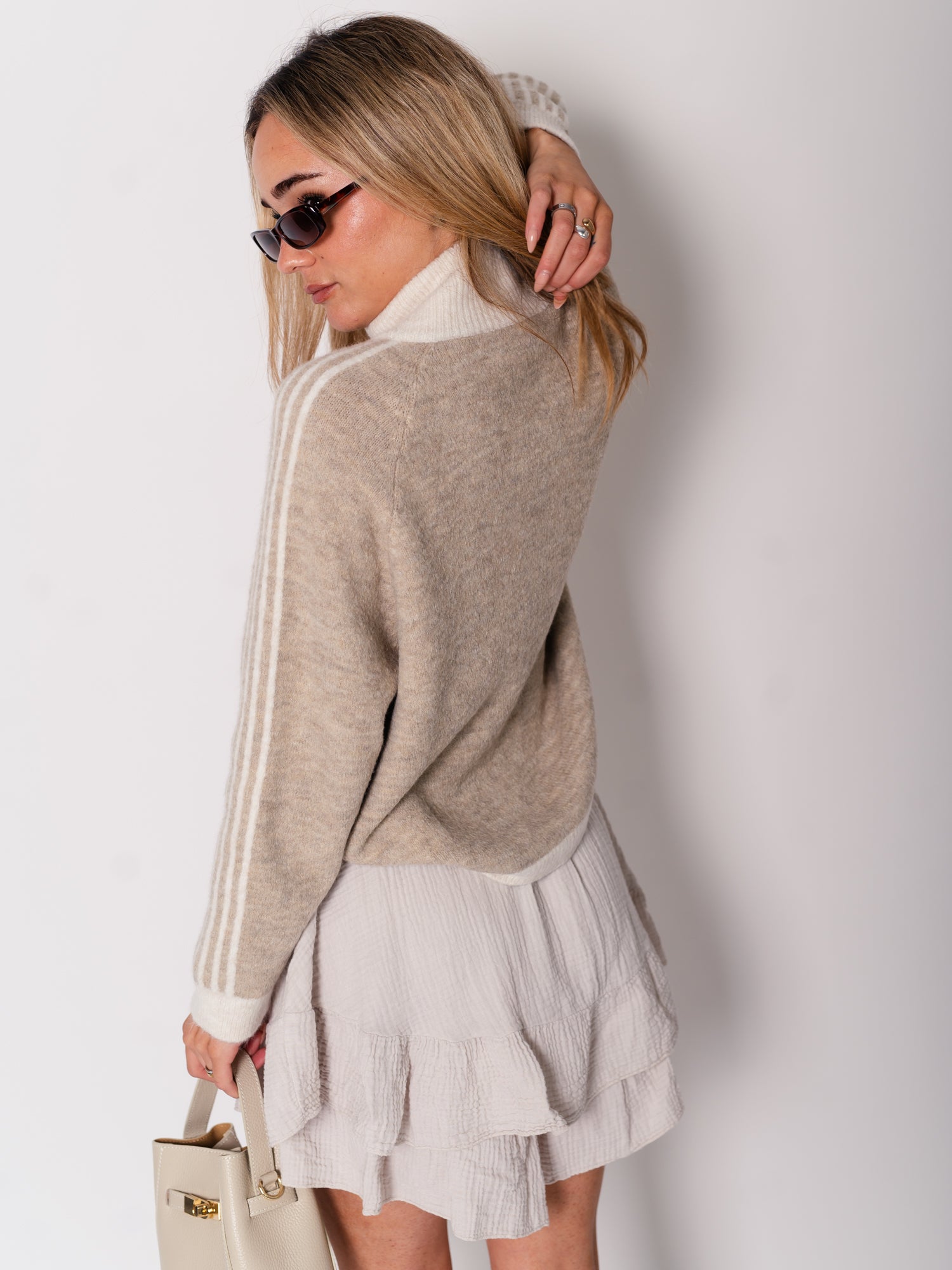 Fio Zip Up Streifen  Cardigan - Taupe/Creme