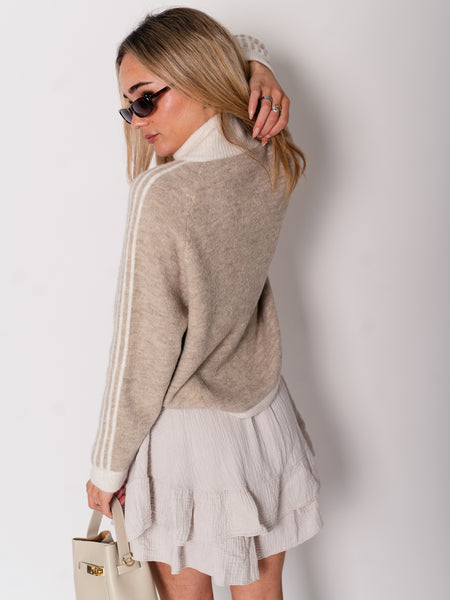 Fio Zip Up Streifen  Cardigan - Taupe/Creme