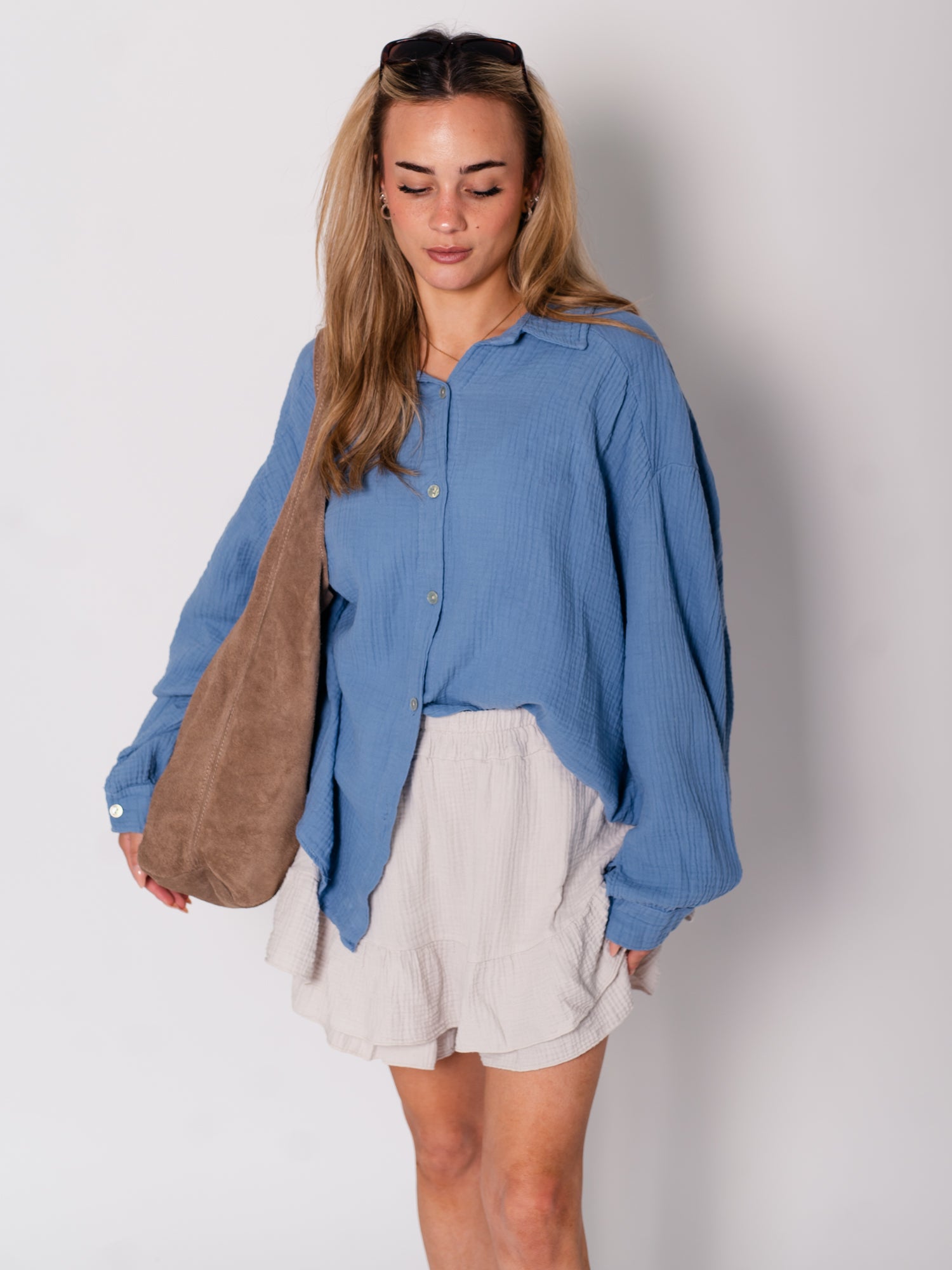 Midi Waffle Bluse - Blaugrau