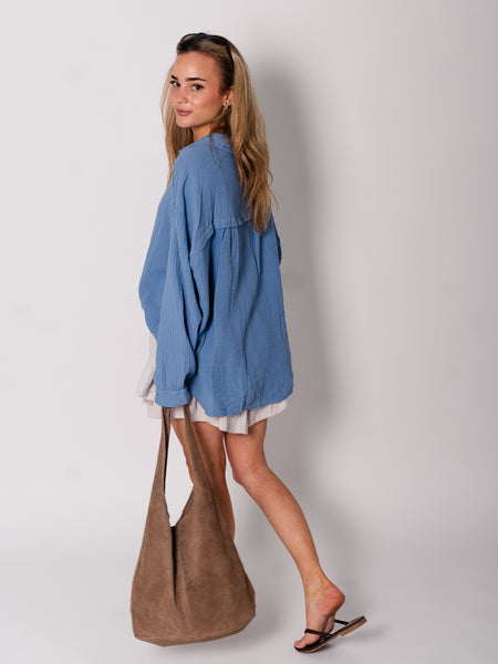 Midi Waffle Bluse - Blaugrau