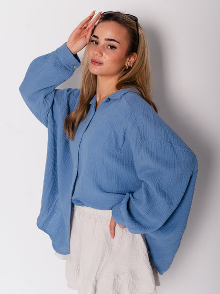 Midi Waffle Bluse - Blaugrau