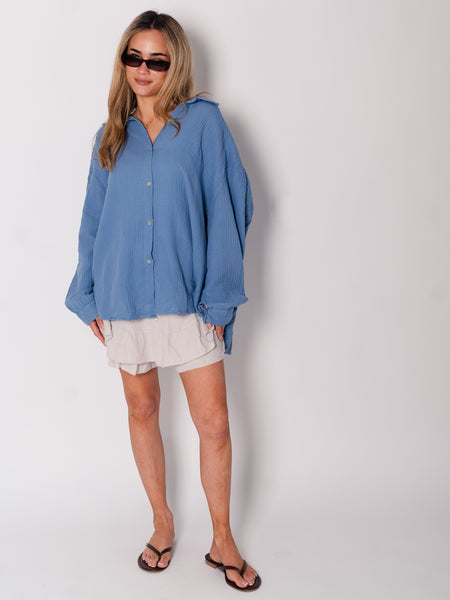 Midi Waffle Bluse - Blaugrau
