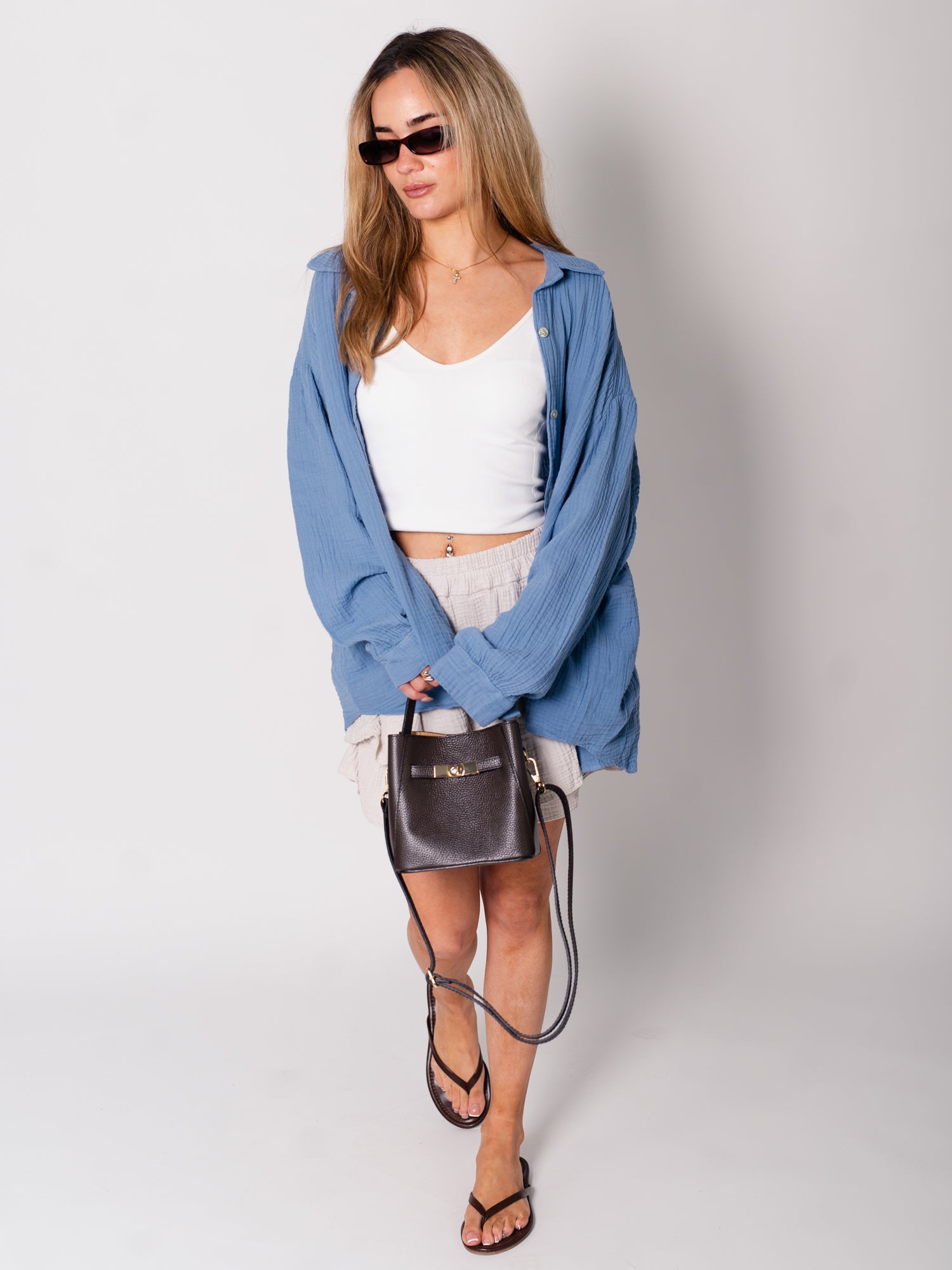 Midi Waffle Bluse - Blaugrau