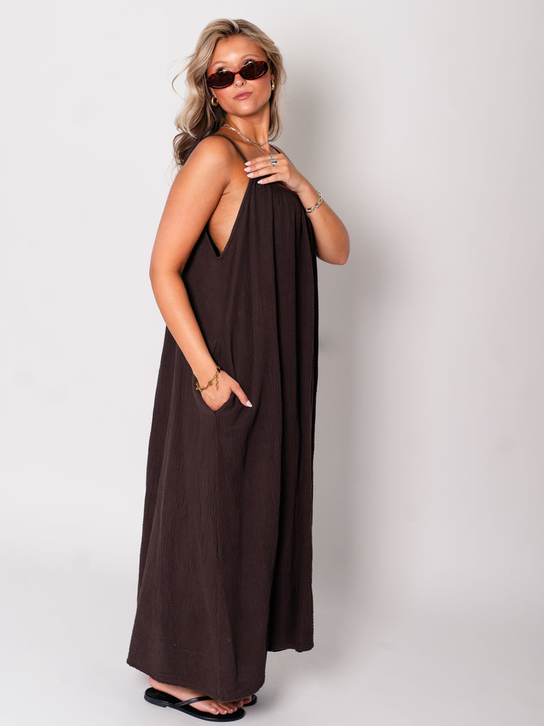 Silvia Musselin Maxi Kleid - Espresso