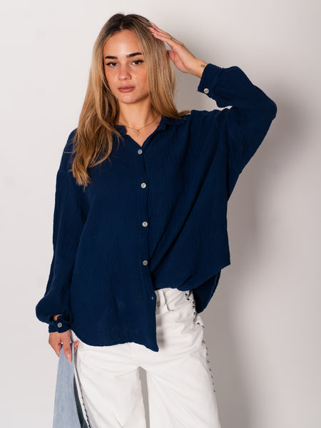 Midi Waffle Bluse - Marineblau