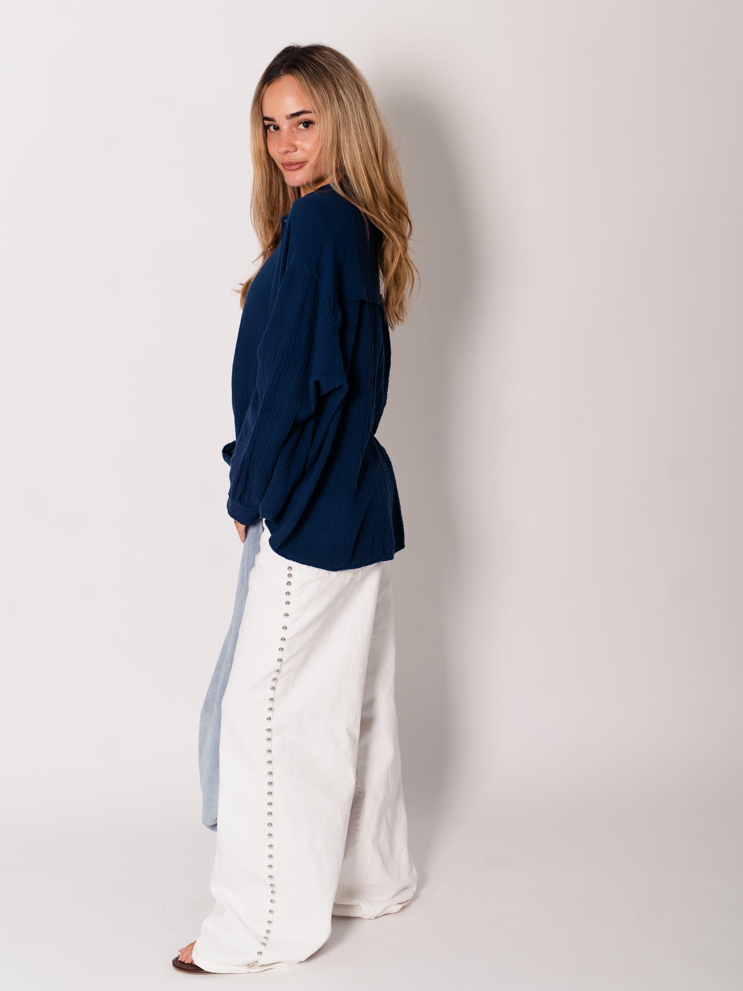 Midi Waffle Bluse - Marineblau