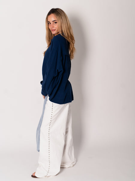 Midi Waffle Bluse - Marineblau