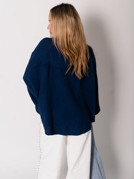 Midi Waffle Bluse - Marineblau