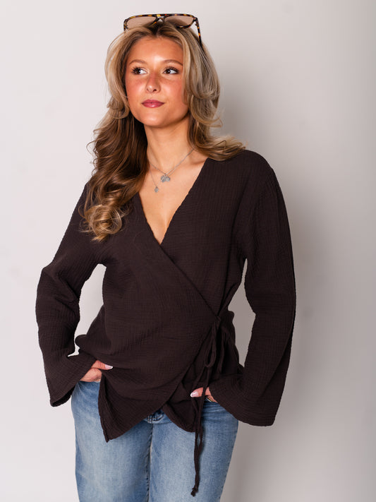 Zoey Musselin Binde Bluse - Espresso