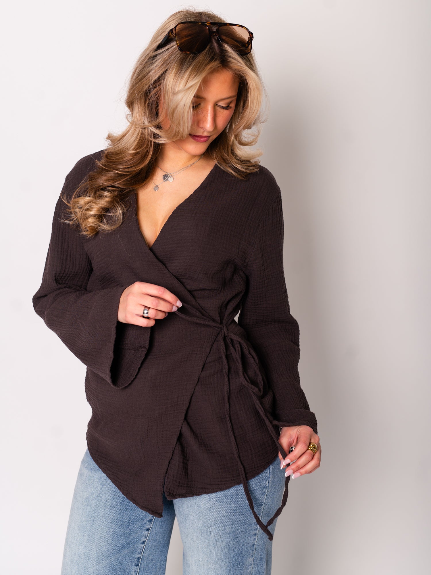 Zoey Musselin Binde Bluse - Espresso