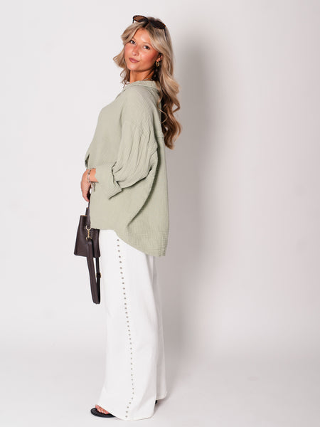 Midi Waffle Bluse - Matcha