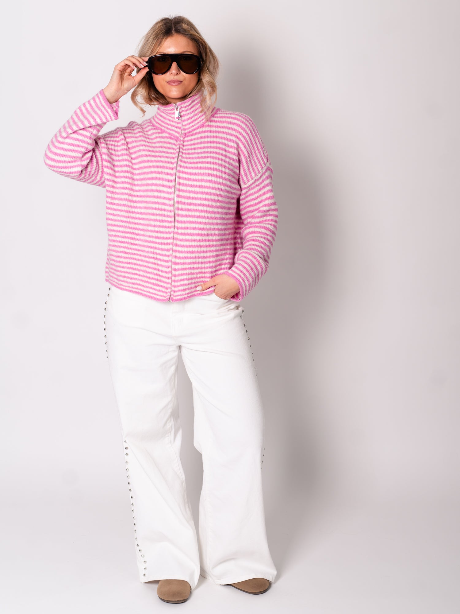 Zip Up Streifen Cardigan - Rosa/Weiß