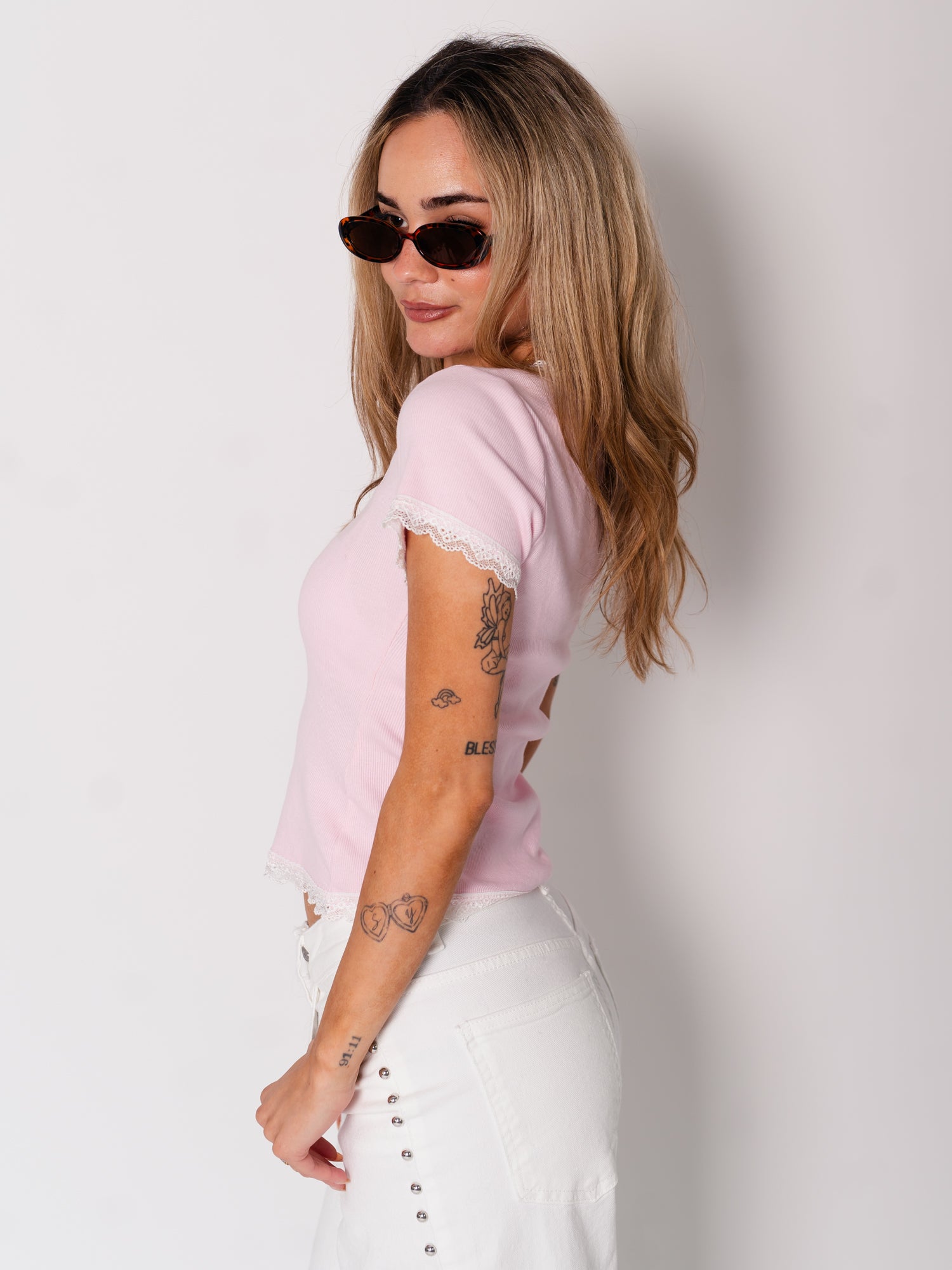 Stockholm Spitzen Shirt - Rosa/Weiß