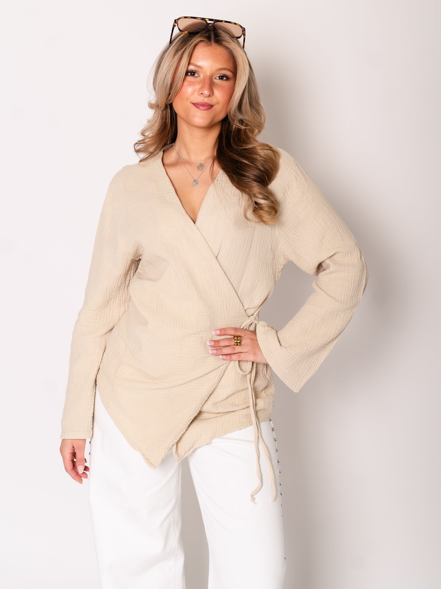 Zoey Musselin Binde Bluse - Beige