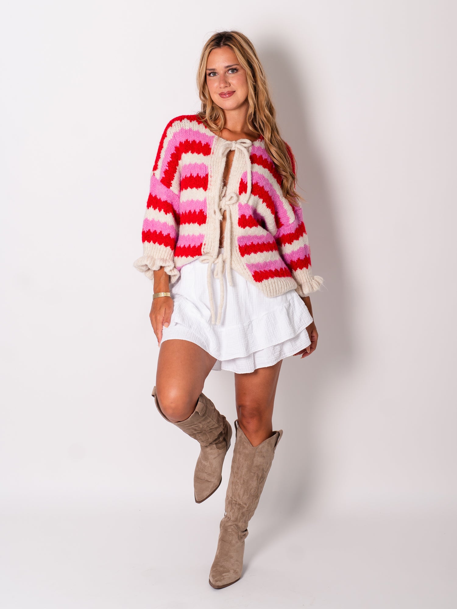 Celina Schleifen Strickjacke - Rosa/Rot