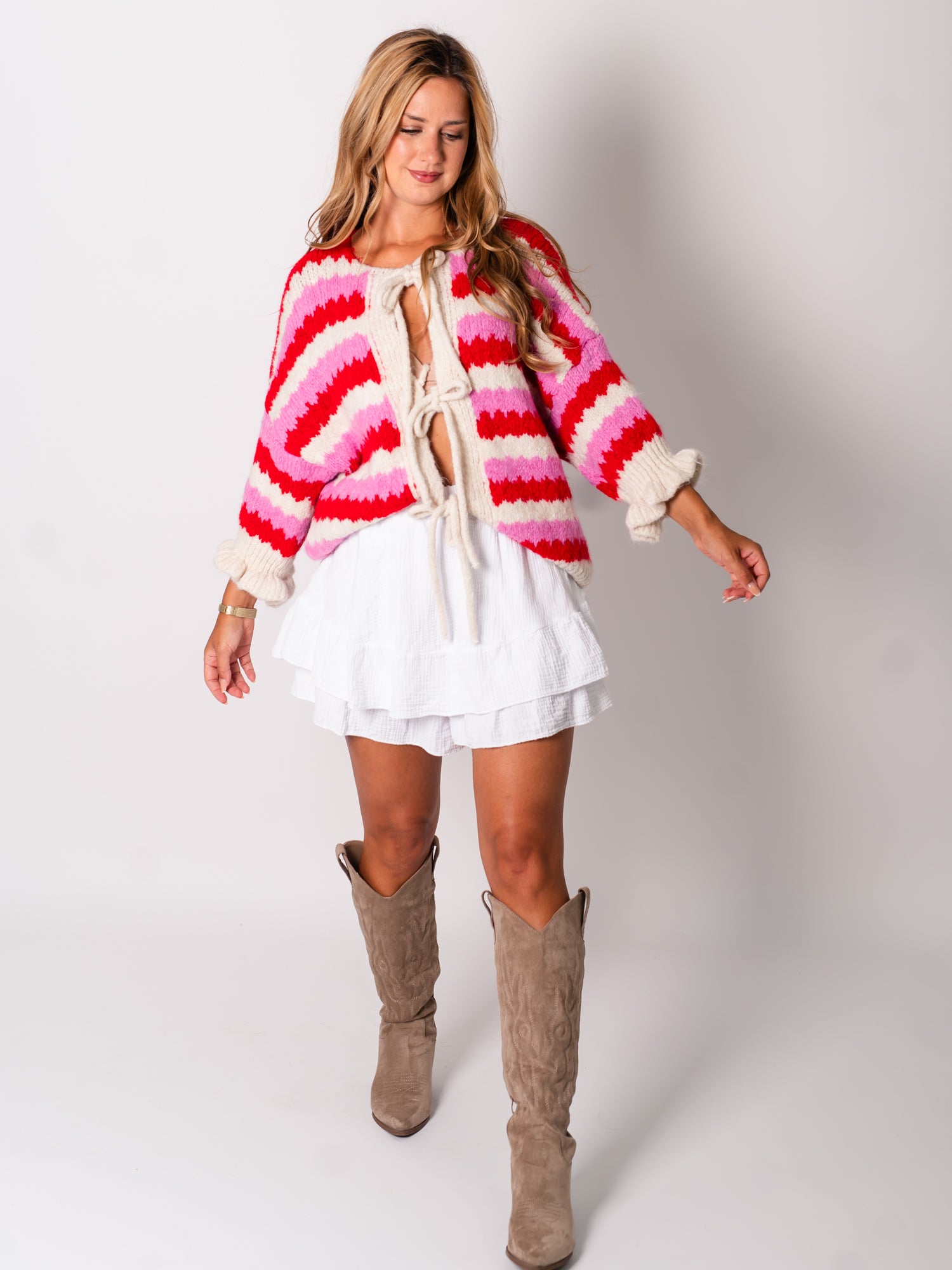 Celina Schleifen Strickjacke - Rosa/Rot