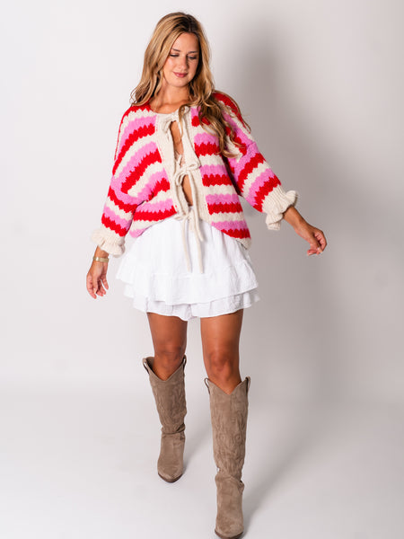 Celina Schleifen Strickjacke - Rosa/Rot