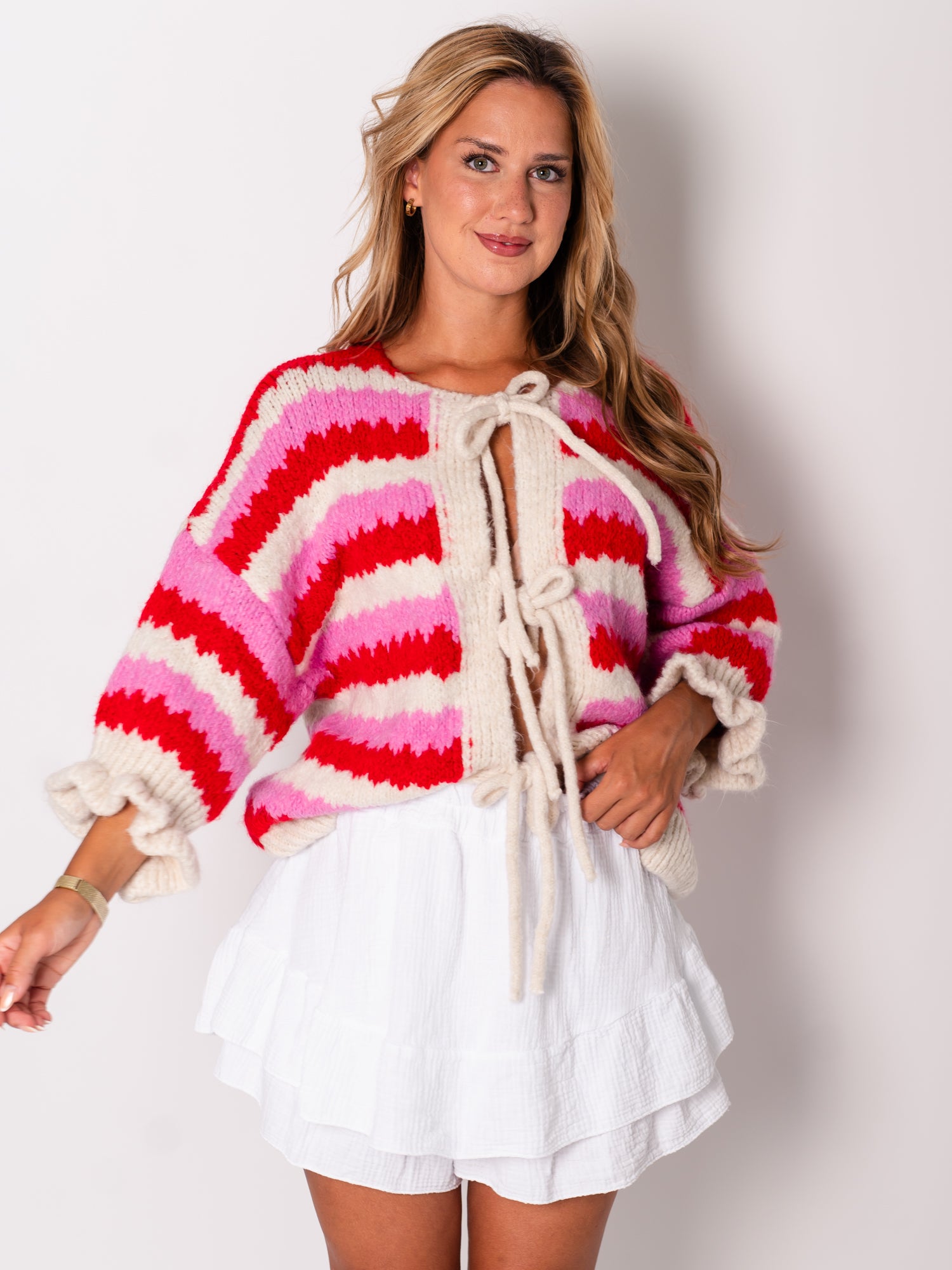 Celina Schleifen Strickjacke - Rosa/Rot