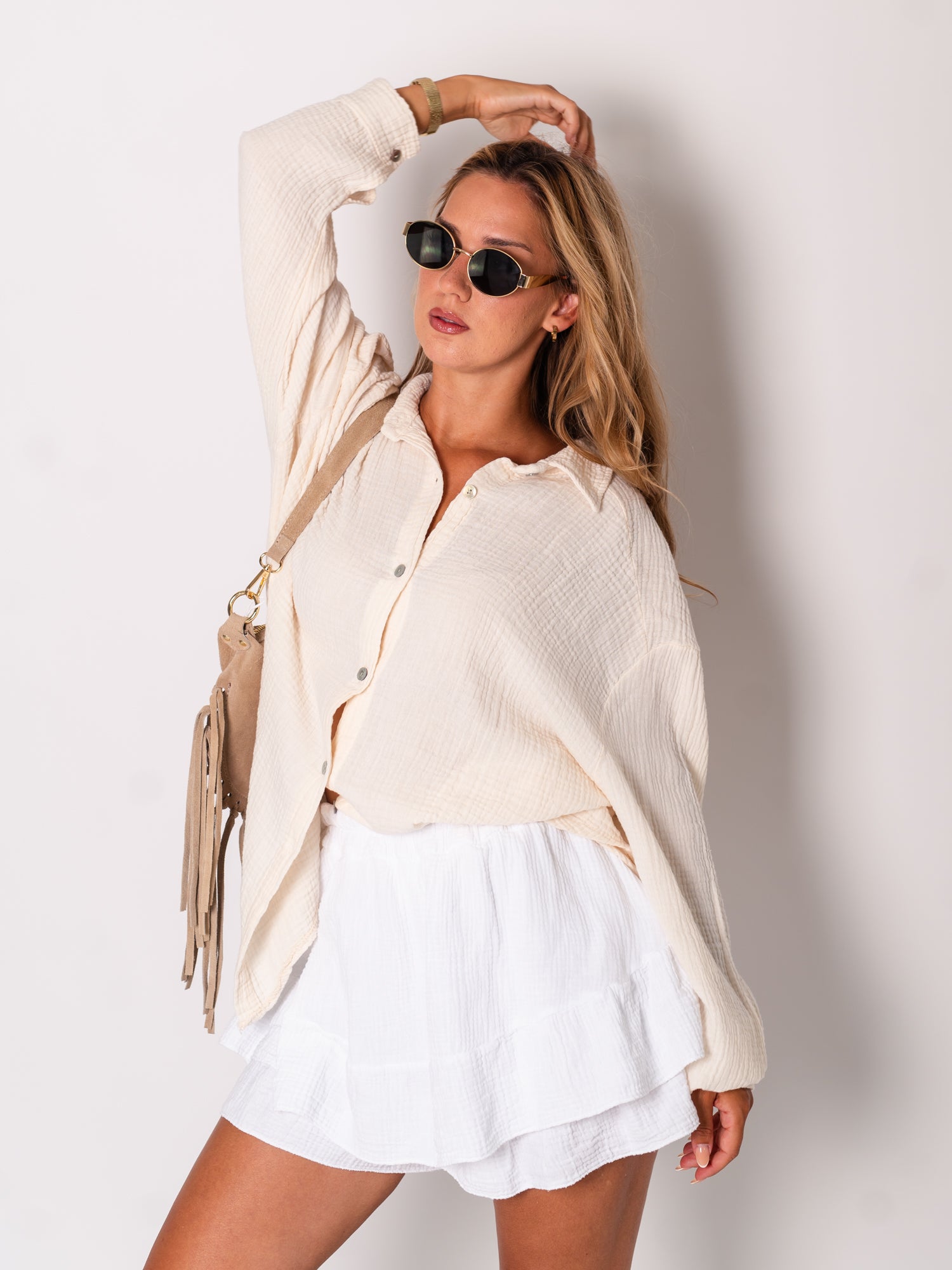Midi Waffle Bluse - Creme