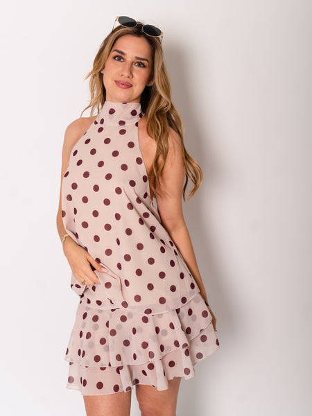 Pünktchen Neckholder Top - Beige/Braun