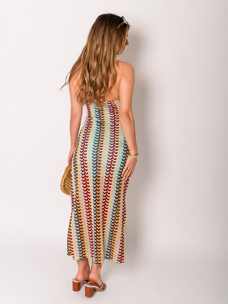 Ibiza Neckholder Kleid - Hellblau/Braun/Gelb
