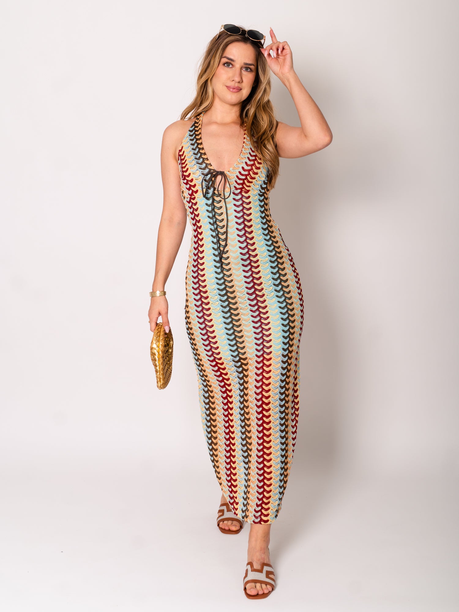 Ibiza Neckholder Kleid - Hellblau/Braun/Gelb