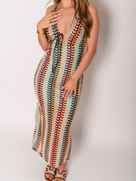 Ibiza Neckholder Kleid - Hellblau/Braun/Gelb