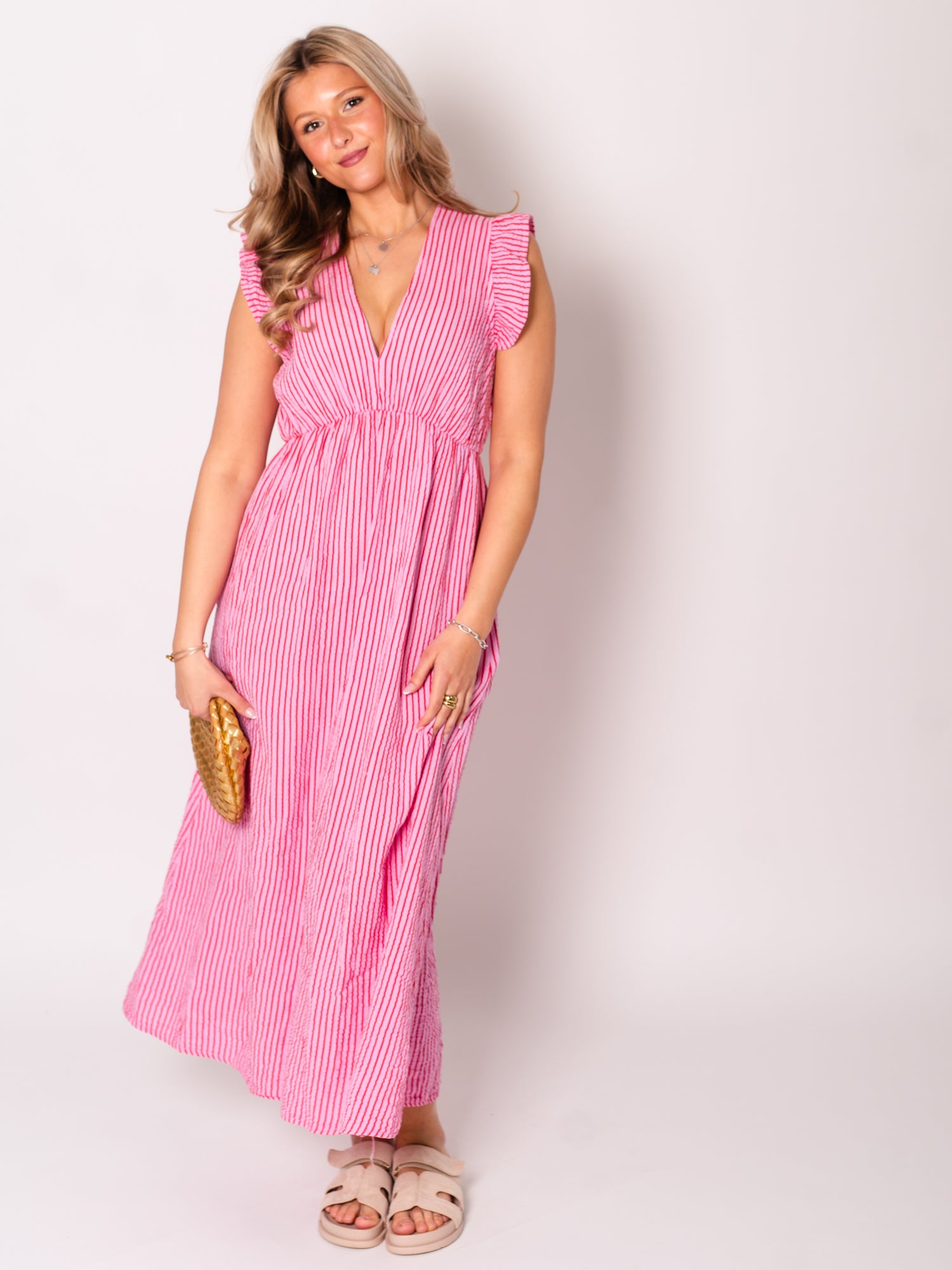 Leonora Stripes Musselin Kleid - Rosa/Rot