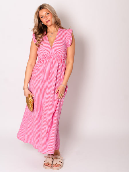 Leonora Stripes Musselin Kleid - Rosa/Rot