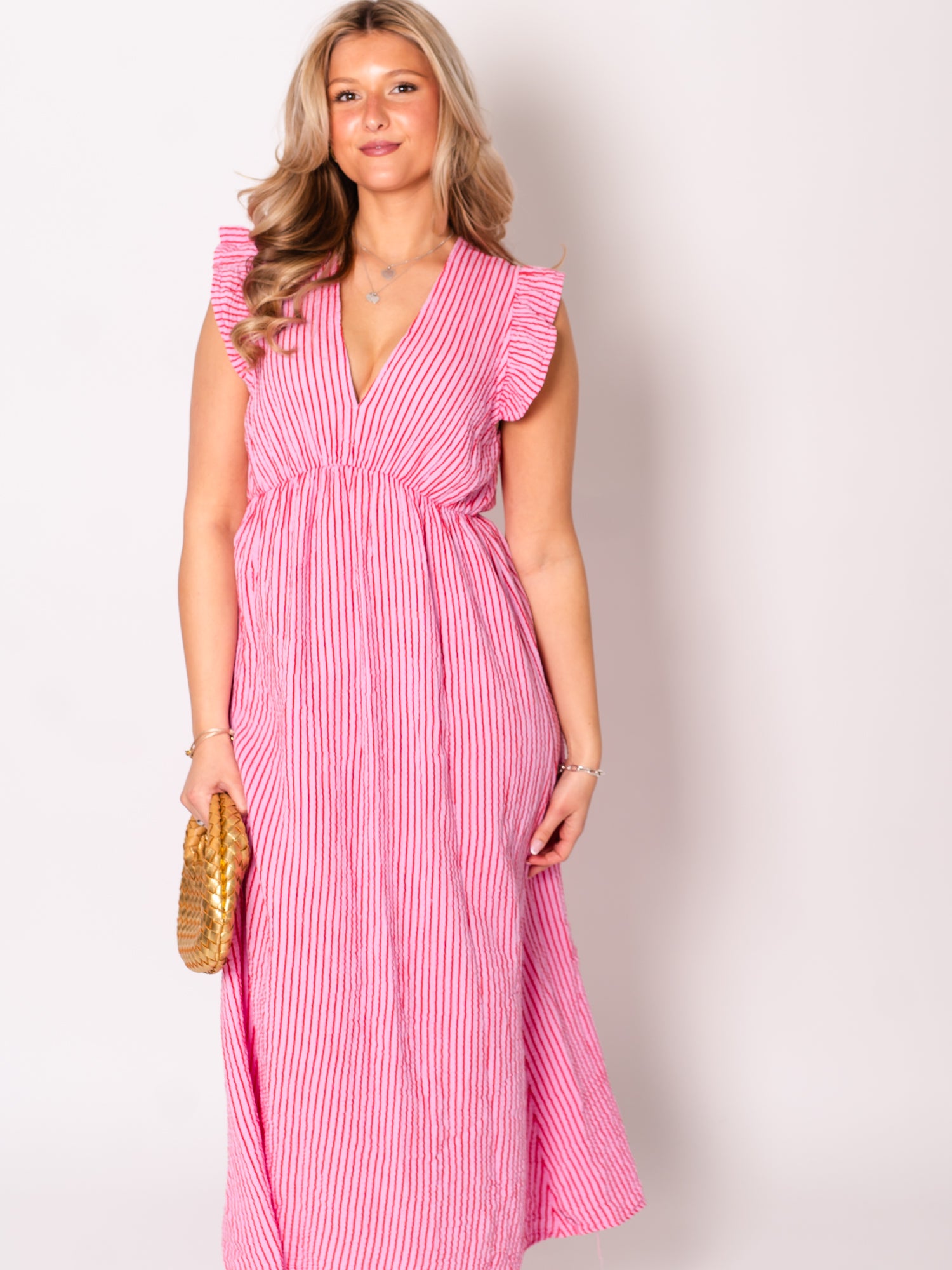 Leonora Stripes Musselin Kleid - Rosa/Rot