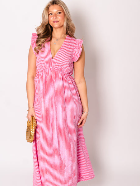 Leonora Stripes Musselin Kleid - Rosa/Rot
