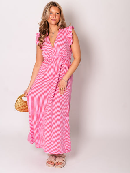 Leonora Stripes Musselin Kleid - Rosa/Rot