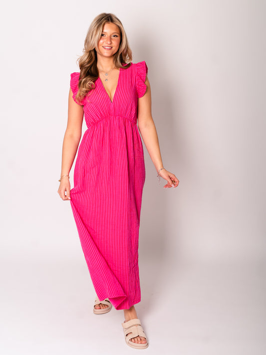 Leonora Stripes Musselin Kleid - Pink/Rot