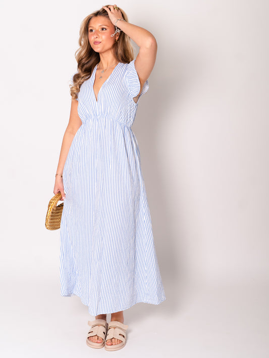 Leonora Stripes Musselin Kleid - Blau/Weiß