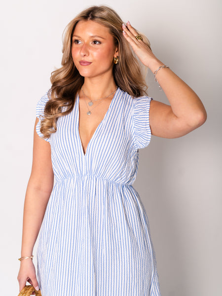 Leonora Stripes Musselin Kleid - Blau/Weiß