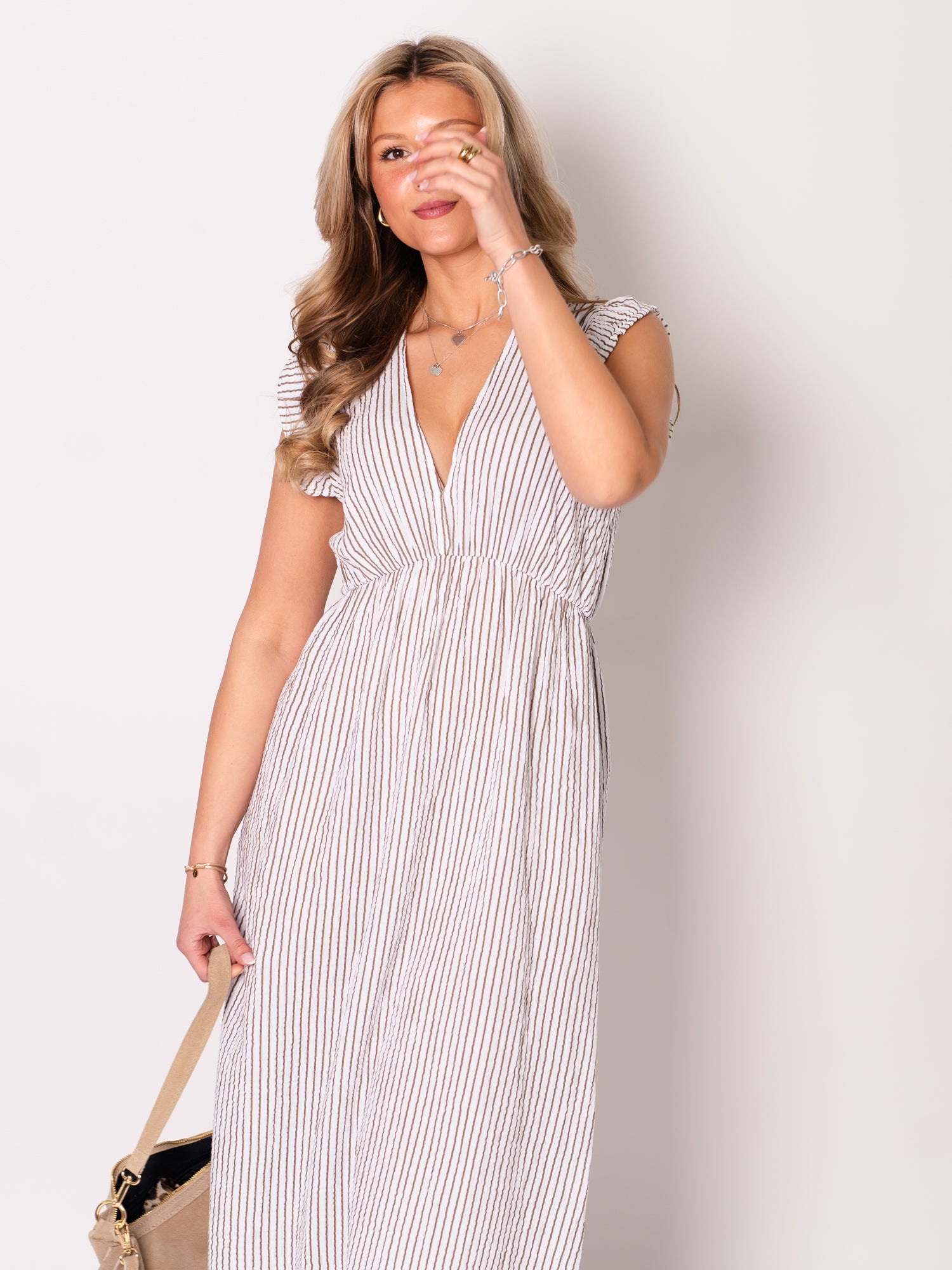 Leonora Stripes Musselin Kleid - Weiß/Taupe