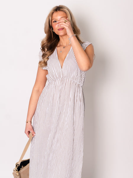 Leonora Stripes Musselin Kleid - Weiß/Taupe