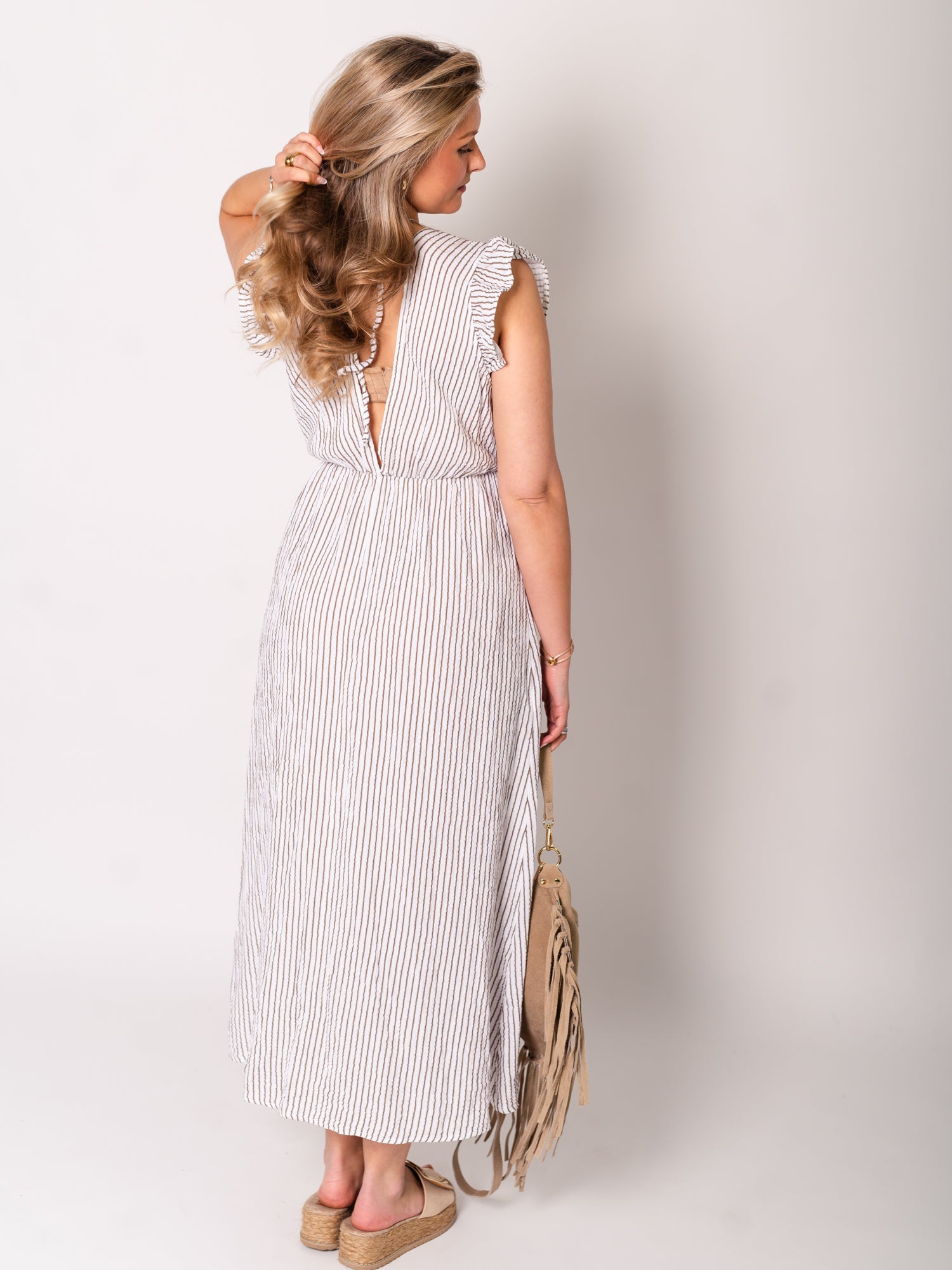 Leonora Stripes Musselin Kleid - Weiß/Taupe