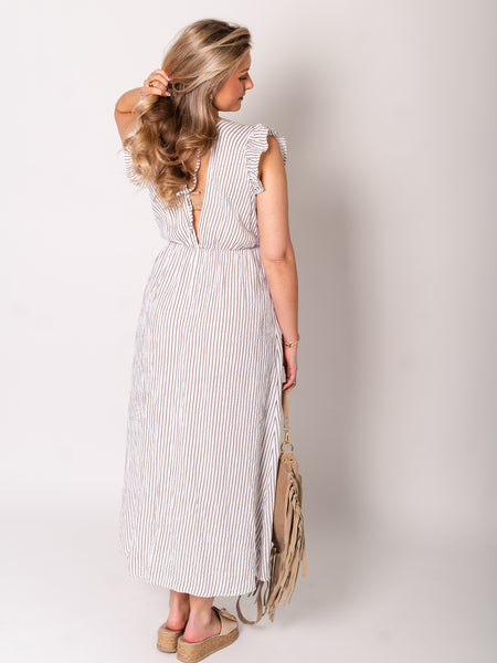 Leonora Stripes Musselin Kleid - Weiß/Taupe