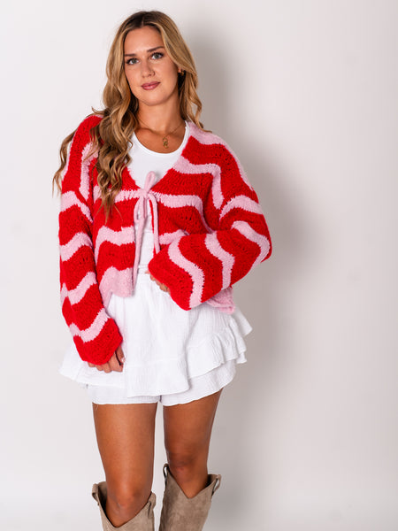 Lia Schleifen Strickjacke - Rosa/Rot
