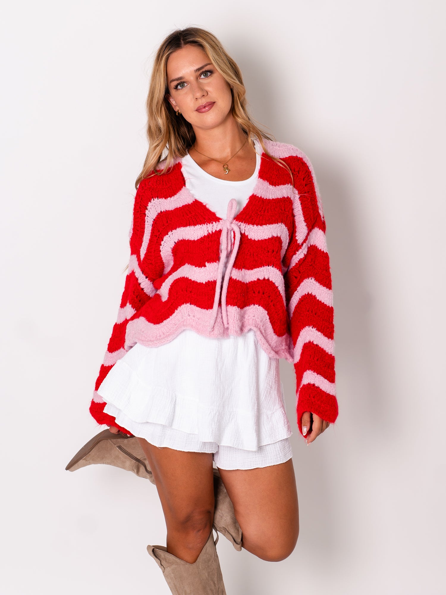 Lia Schleifen Strickjacke - Rosa/Rot