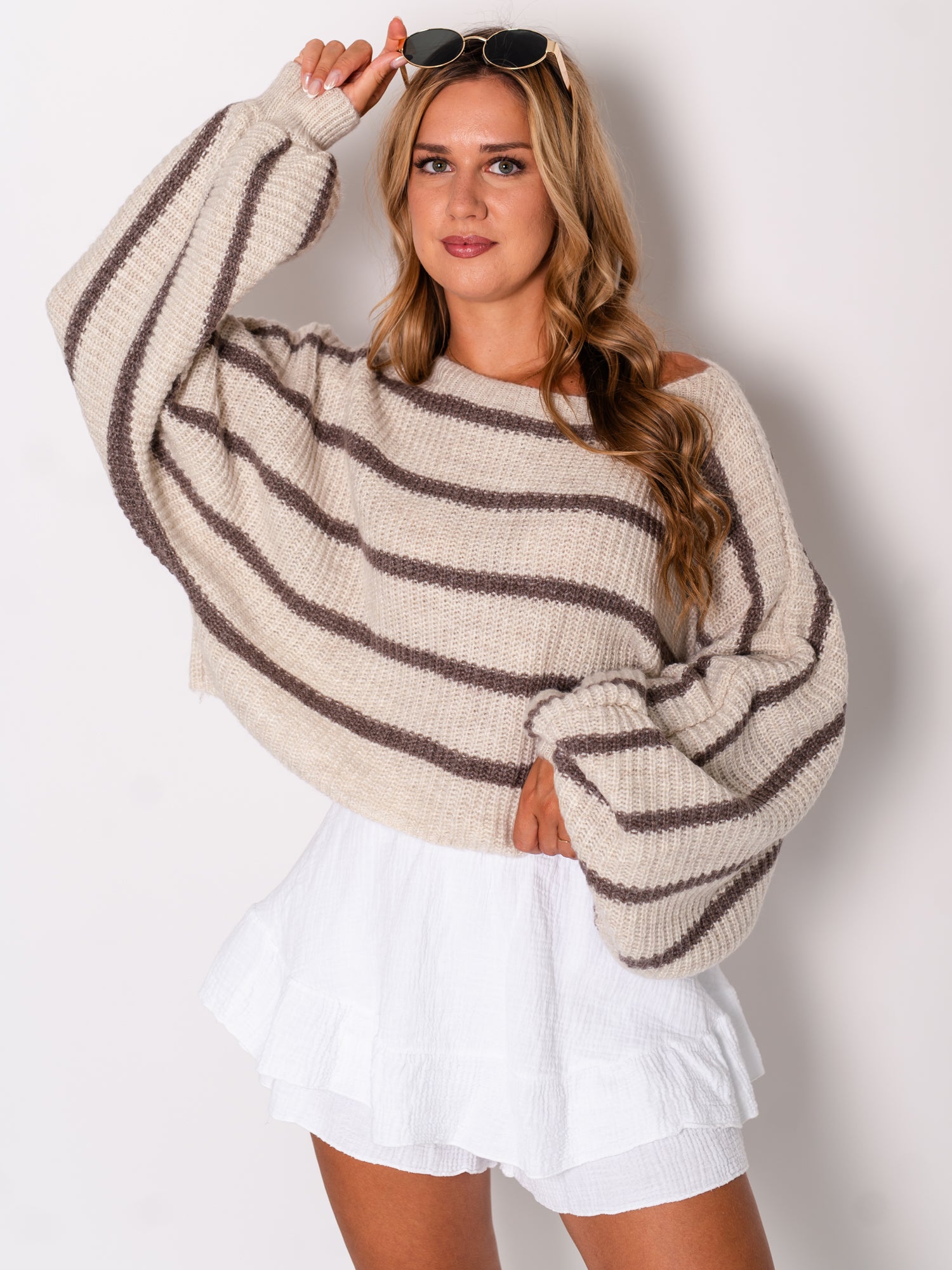 Niva Crop Streifen Pullover - Creme/Taupe