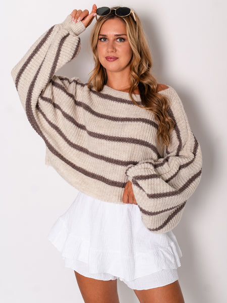 Niva Crop Streifen Pullover - Creme/Taupe