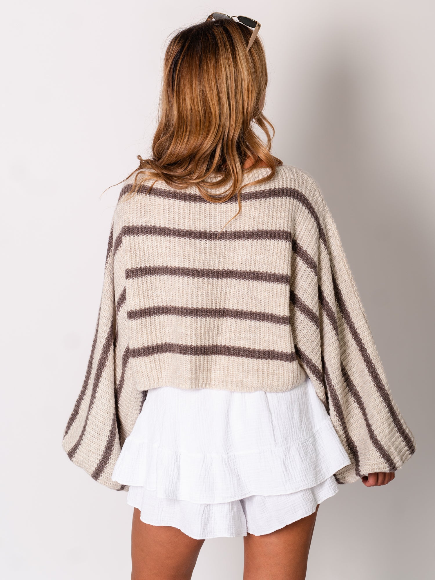 Niva Crop Streifen Pullover - Creme/Taupe