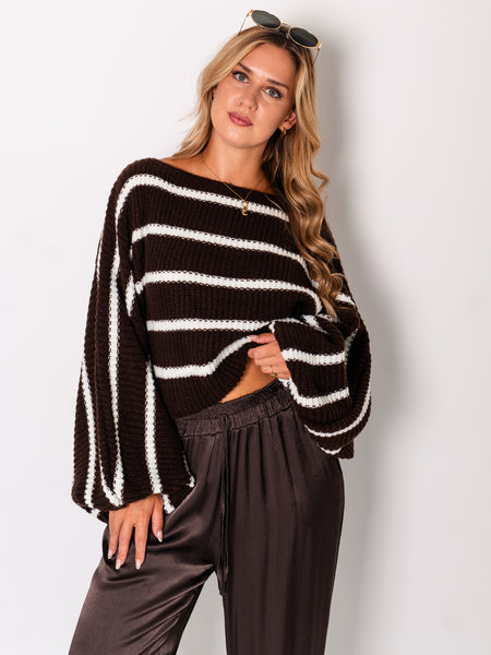 Niva Crop Streifen Pullover - Braun/Weiß