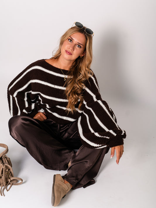 Niva Crop Streifen Pullover - Braun/Weiß
