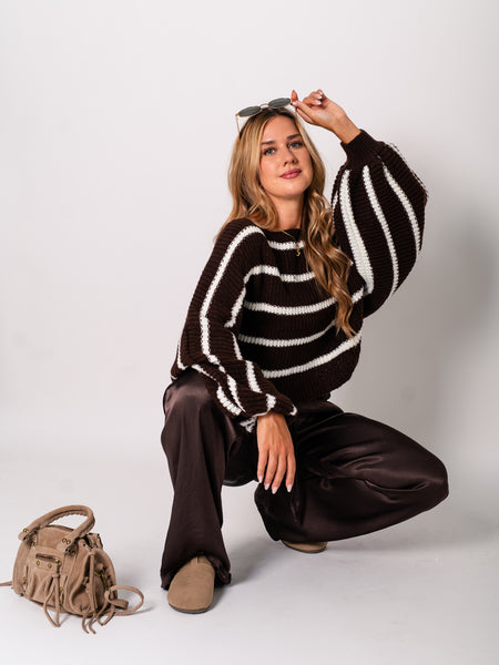 Niva Crop Streifen Pullover - Braun/Weiß