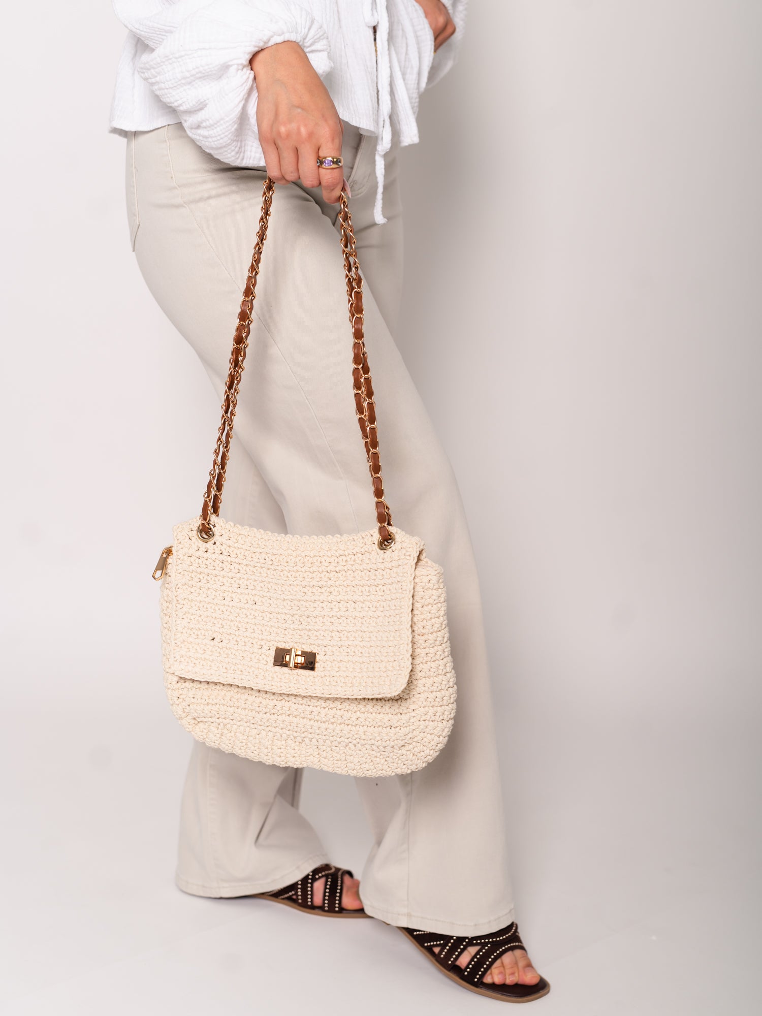 Louna Geflochtene Tasche - Creme/Braun
