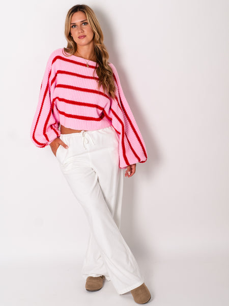 Niva Crop Streifen Pullover - Rosa/Rot